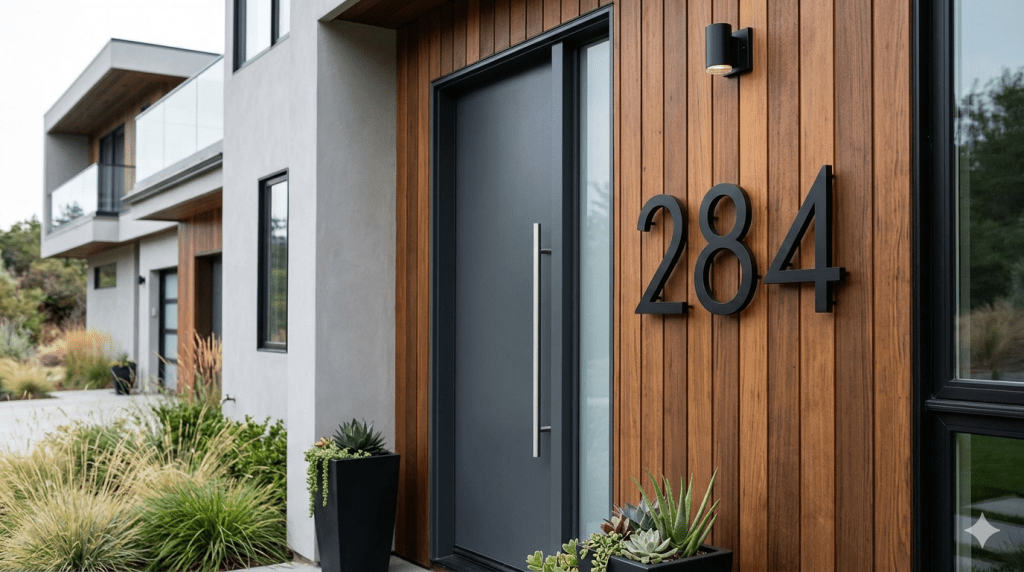 Modern black custom house numbers mounted on a wall