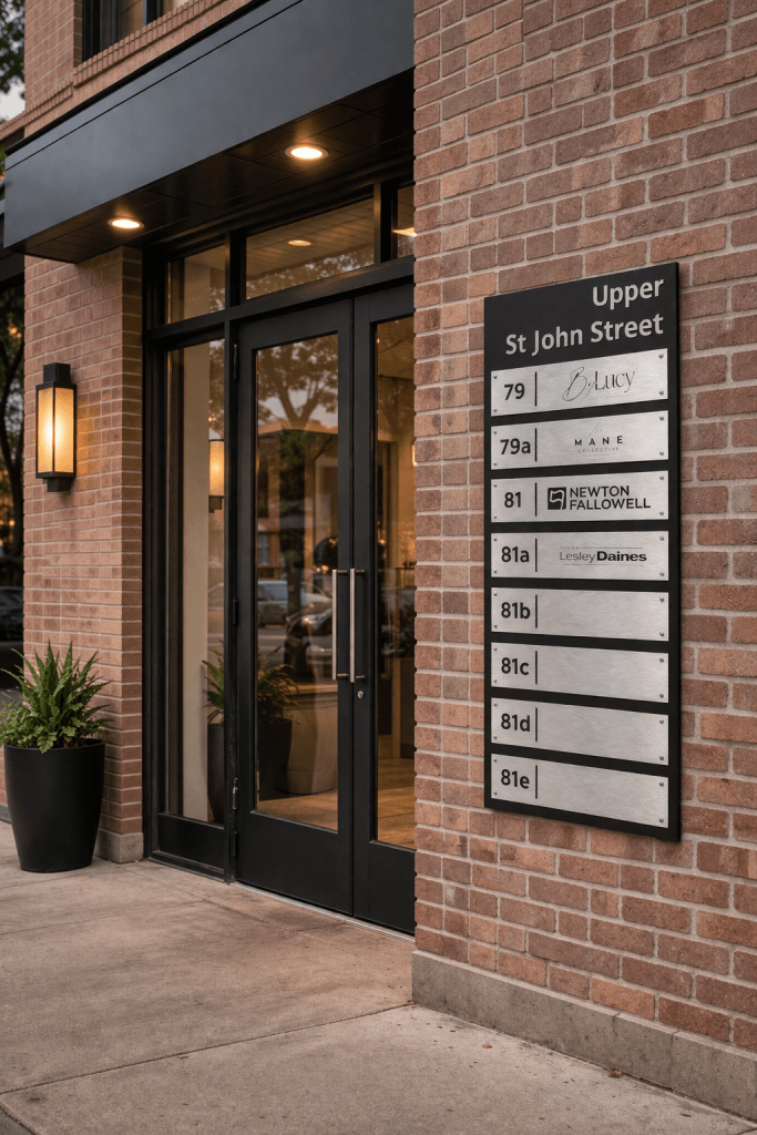 Office directory mounted to brick