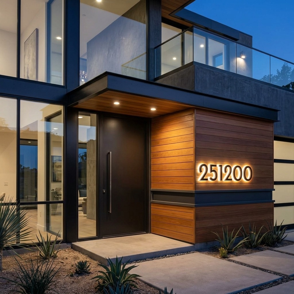modern black metal house numbers mounted beside front door