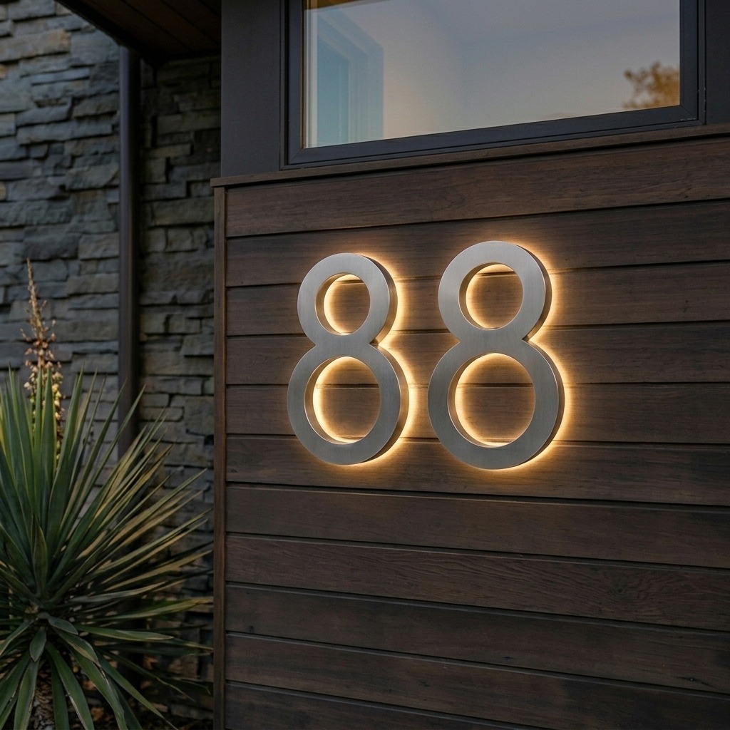 LED backlit address numbers on contemporary home exterior at night